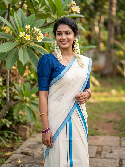 Southloom Pure Cotton Kerala Single Set Mundu (Mundum Neriyathum) Blue Border 2.80 Mtr SL345