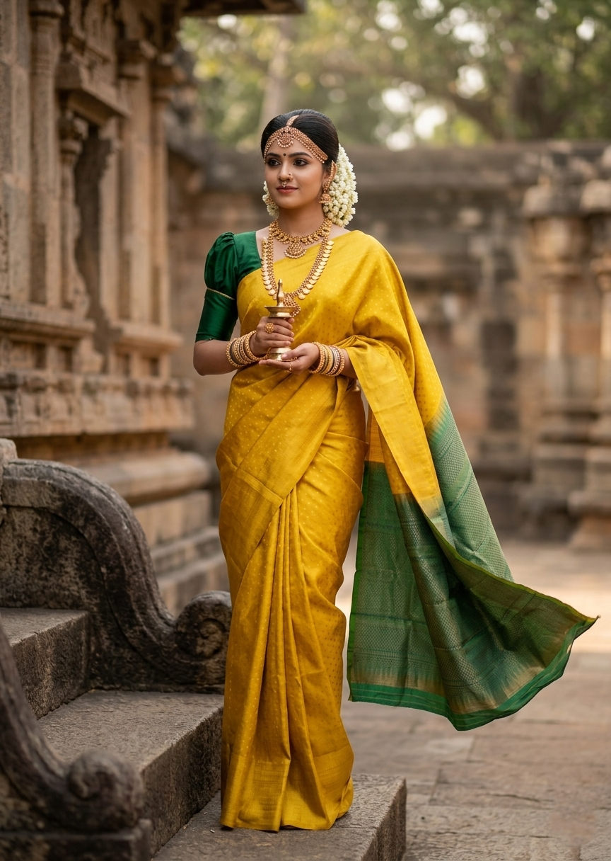 Southloom Premium Handloom Bridal Kanchipuram Silk Saree with Koravi Works (Yellow & Green)