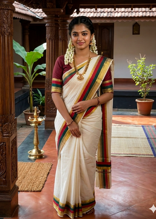 Kerala Cotton Kasavu Saree With Maroon and Green Border SL443