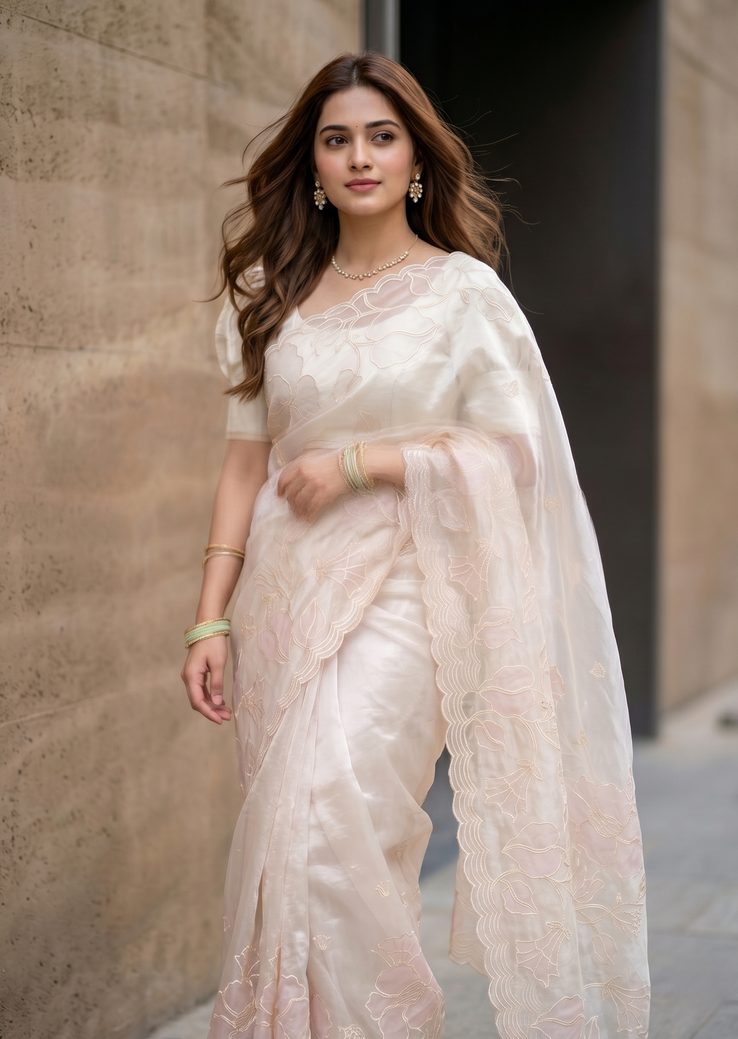 Southloom Turkish Organza Saree With Floral Design in Offwhite With Scalloped Border