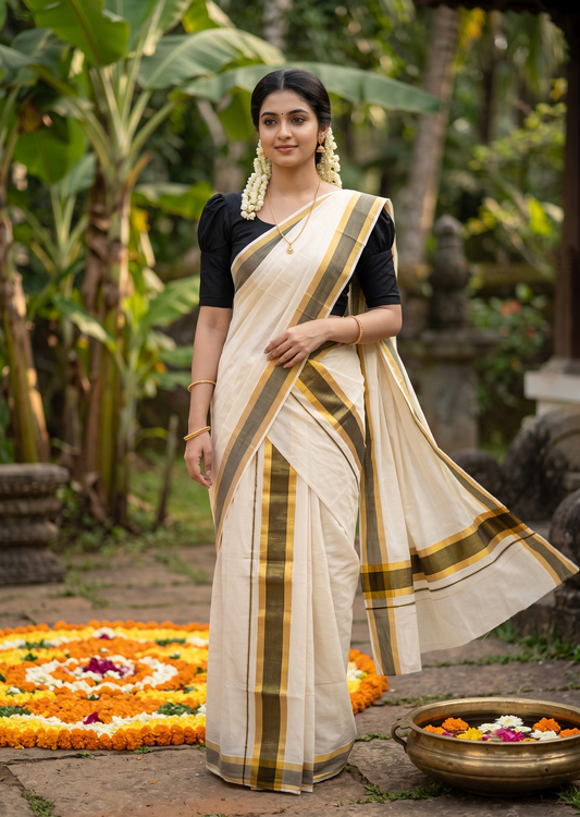 Kerala Cotton Mundum Neriyathum Single (Set Mundu) with Black and Kasavu Border 2.80 Mtrs