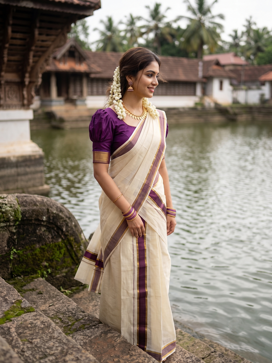 Southloom Pure Cotton Kerala Kasavu Set Mundu (Mundum Neriyathum) Kasavu & Purple Border in 2.80 Mtrs SLKK SL470