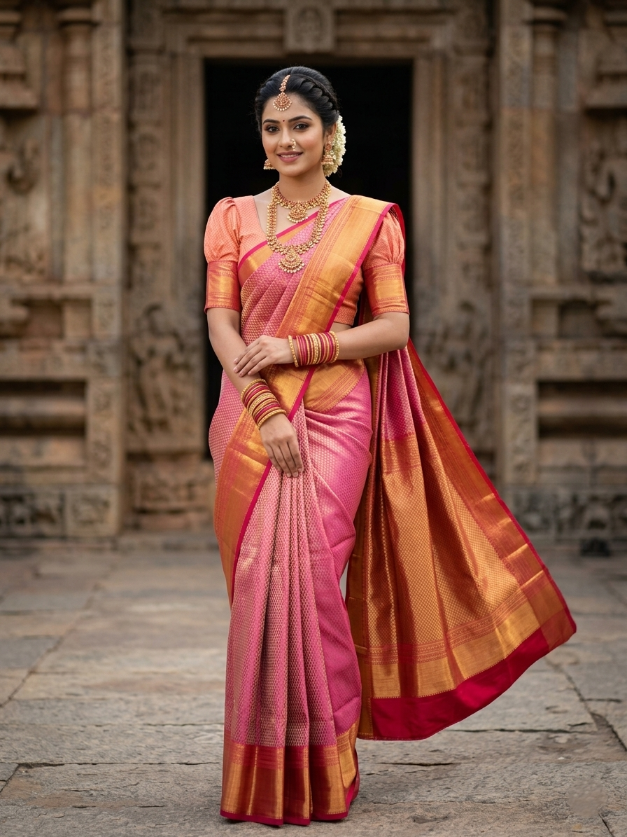 Southloom Premium Semi Silk Zari Work Bridal Brocade Saree in Pink with Matching Pallu