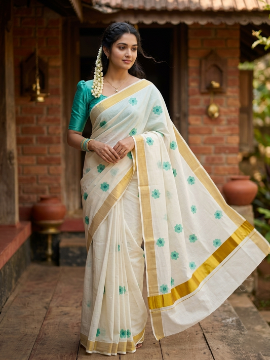 Southloom Exclusive Onam Kasavu Saree with Small Turquoise Floral High Quality Digital Print Across Body (Matching Printed Blouse Included)