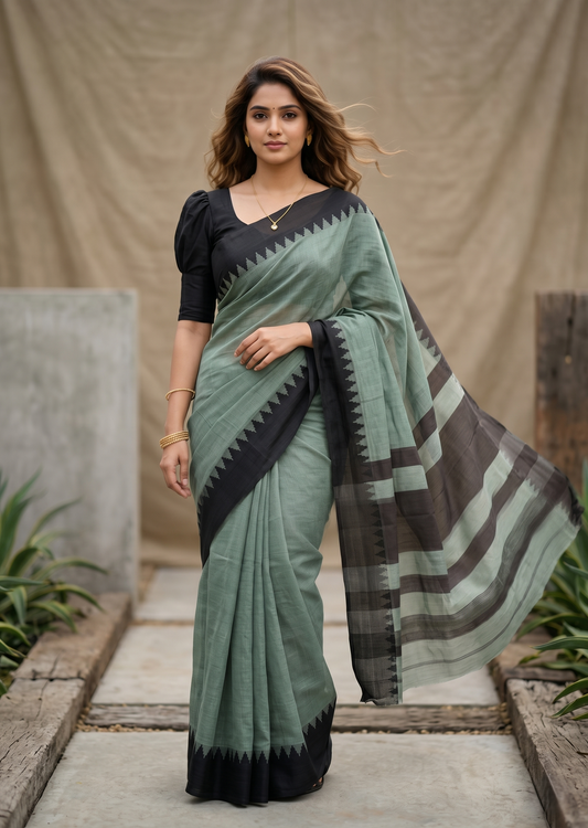 Southloom Kerala Linen Cotton Saree With Temple Design on the Border of the Saree
