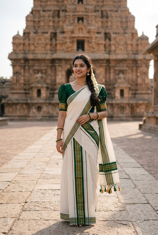 Southloom Kerala Cotton Kasavu Single Set Mundu (Mundum Neriyathum) with Green and Gold Kasavu Lines .SLKK SL518
