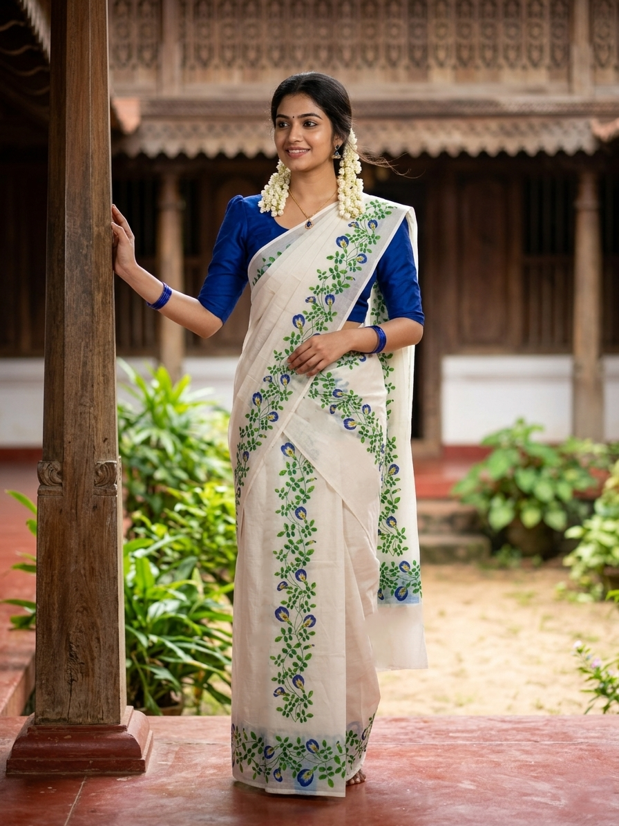 Southloom Cotton Single Set Mundu (Mundu Neriyathum) With Digital Floral Print in 2.80 Mtrs SL318