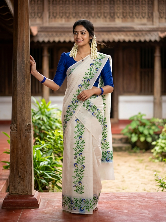 Southloom Cotton Single Set Mundu (Mundu Neriyathum) With Digital Floral Print in 2.80 Mtrs