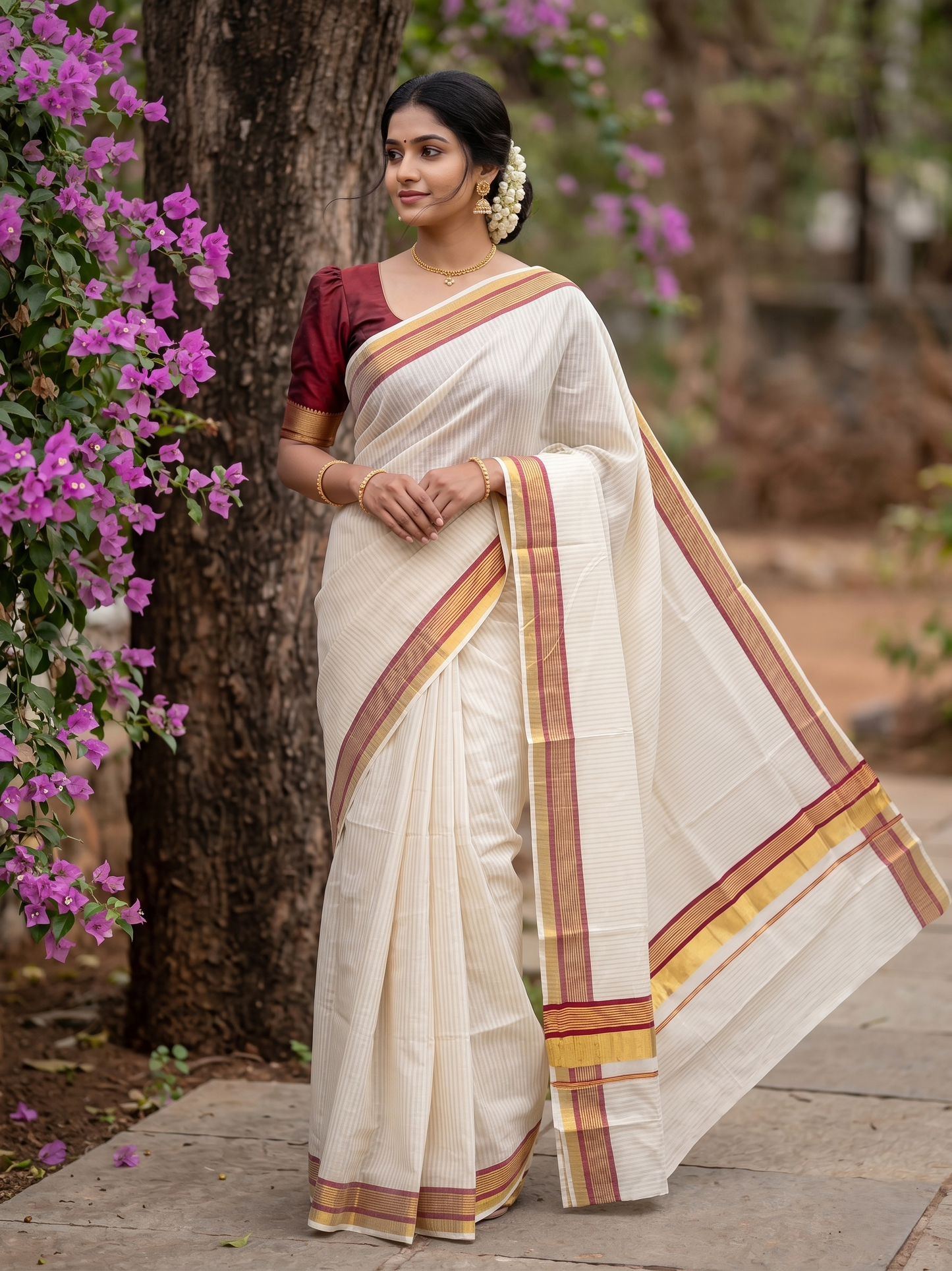 Southloom Kerala Cotton Kasavu Saree with Stripes on Body in Maroon Border SL356