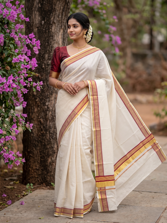 Southloom Kerala Cotton Kasavu Saree with Stripes on Body in Maroon Border SL356