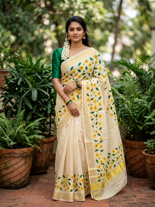 Southloom Tissue Floral Kanikonna Work Saree with Woven Checks Across Body