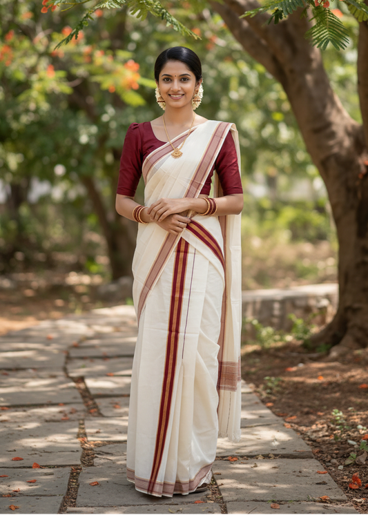Southloom Kerala Cotton Set Mundu (Mundum Neriyathum) with Kasavu and Maroon Border 2.80Mtrs