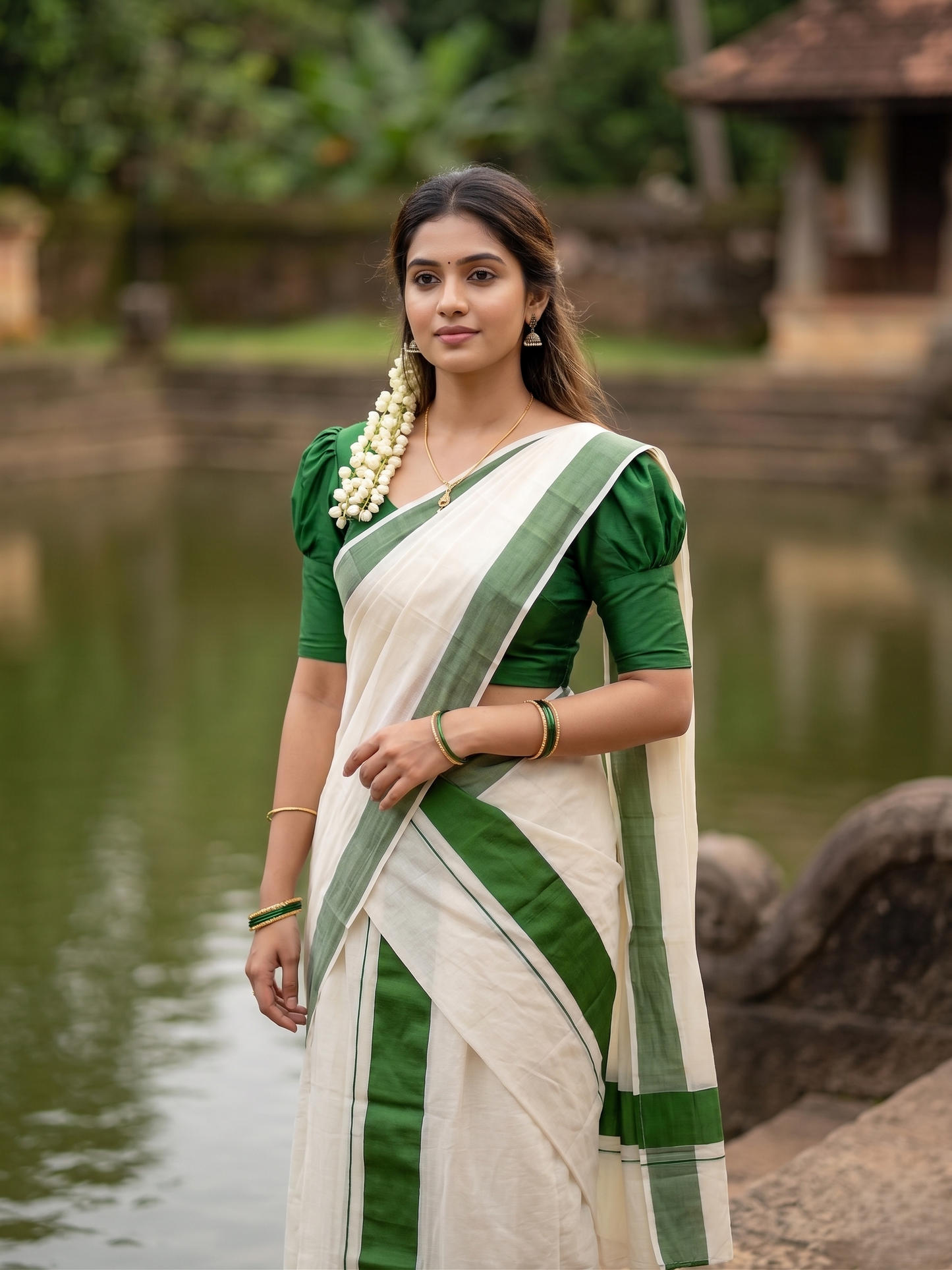 Southloom Kerala Cotton Set Mundu (Mundum Neriyathum) with Kasavu and Green Border