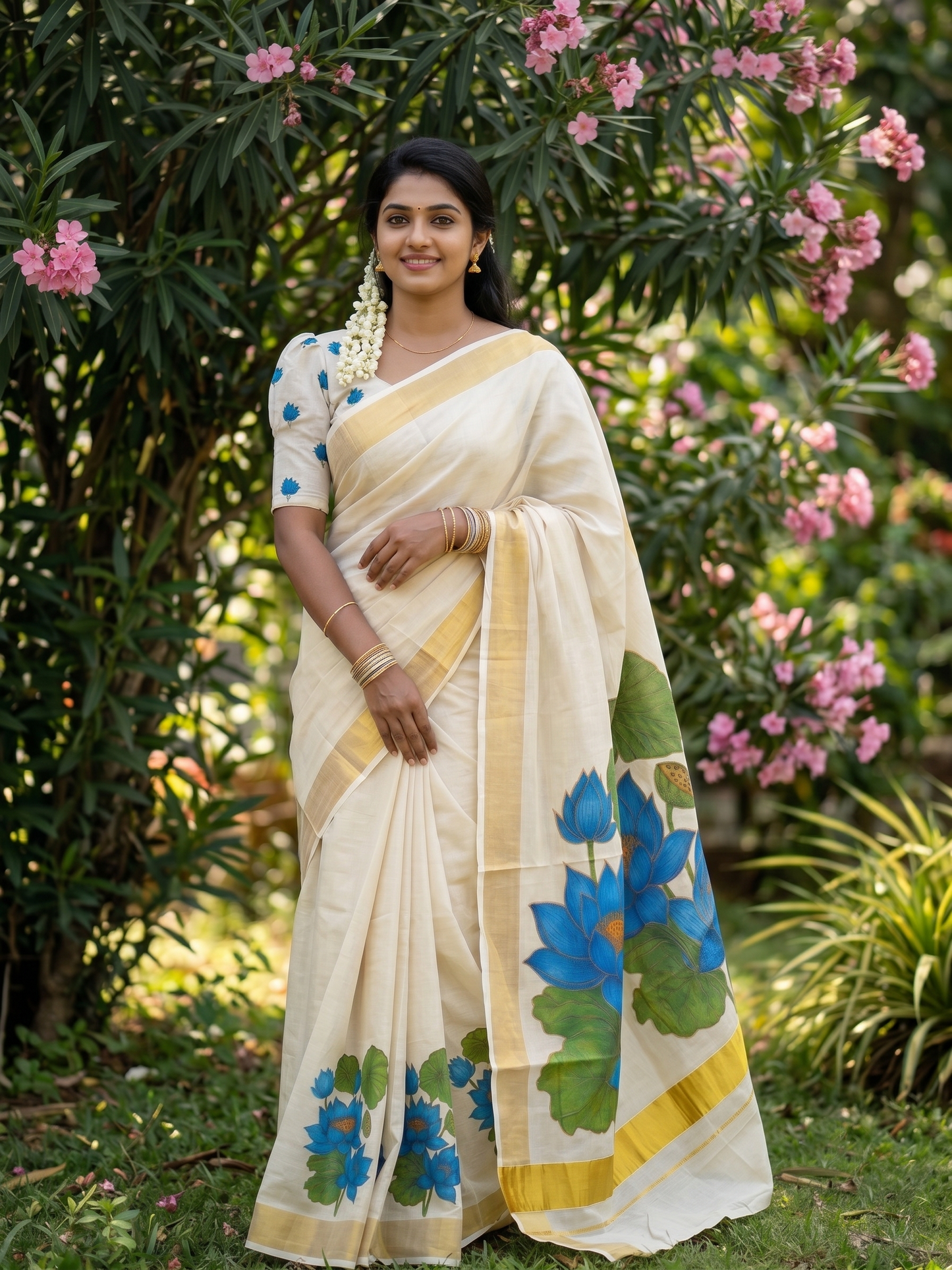 Southloom Kerala Tissue Kasavu Saree with  Blue Lotus Digital Prints on Border