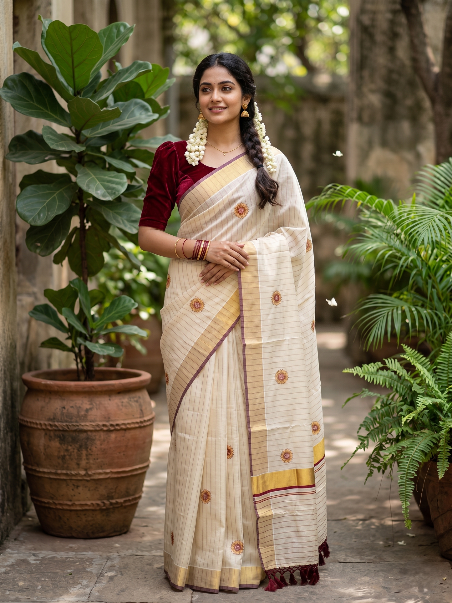 Southloom Kerala Tissue Kasavu Lines Saree with Embroidery Work on Body in Maroon SL315