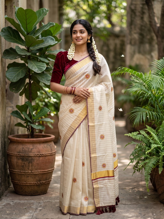 Southloom Kerala Tissue Kasavu Lines Saree with Embroidery Work on Body in Maroon SL315