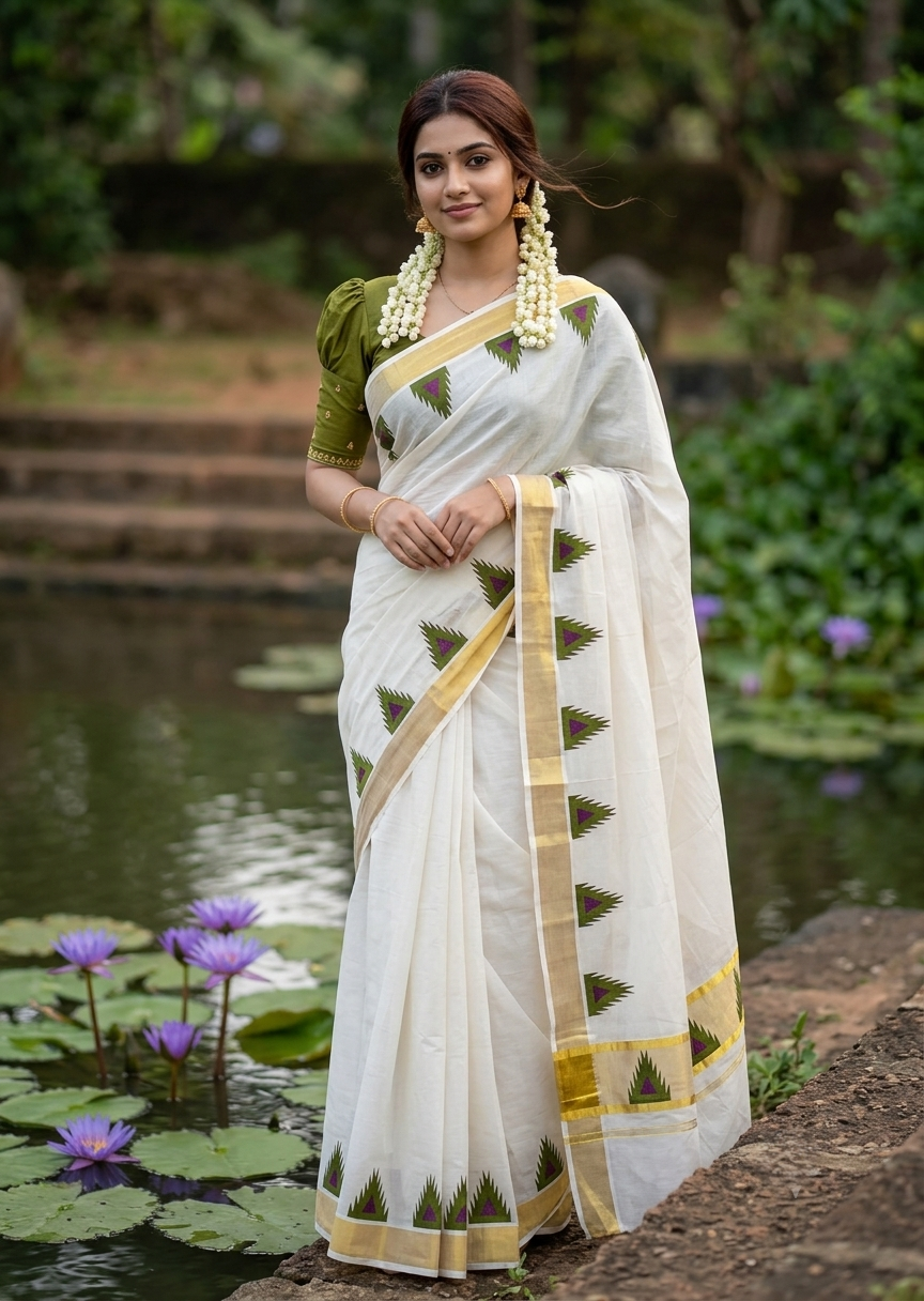 Southloom Cotton Kerala Kasavu Saree with Temple Digital Print In Olive Green and purple With  Borders SL369