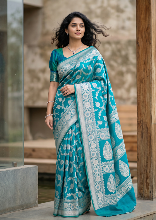 Southloom Pure Banarasi Silk Saree with Woven Work on Body and Borders (Green )