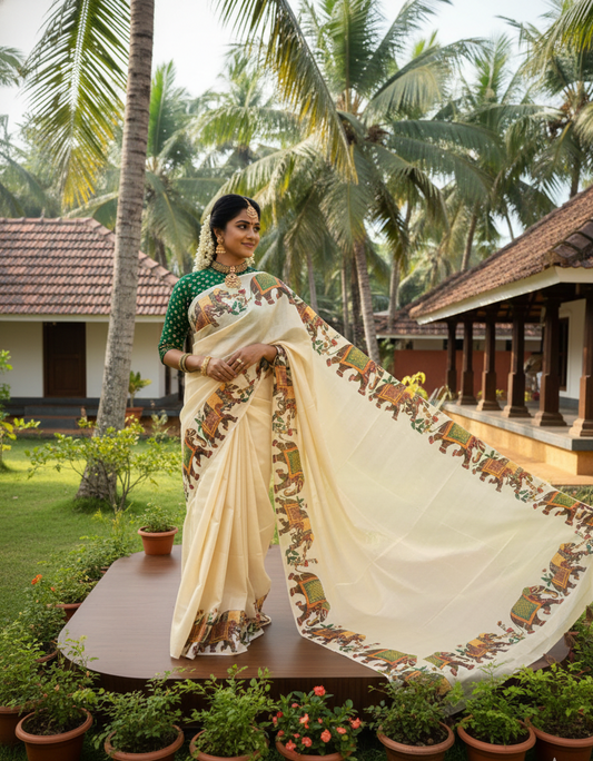 Southloom Kerala Tissue Kasavu Saree With Elephant Design on Borders