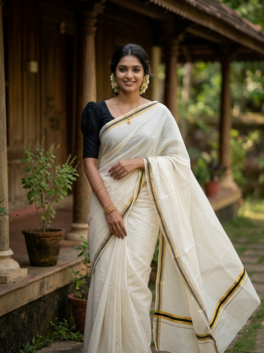 Pure Cotton Kerala Saree with Kasavu and Black Border