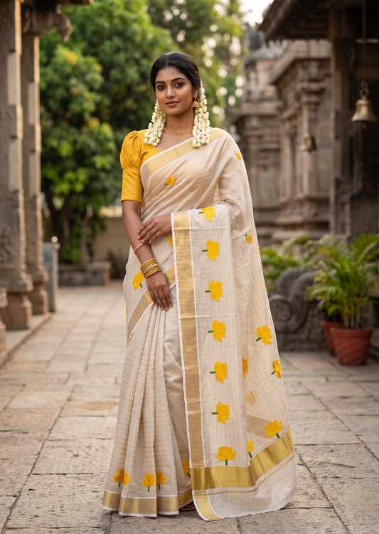 Southloom Kerala Tissue Lotus Yellow Embroidery on the body with Gold Kasavu