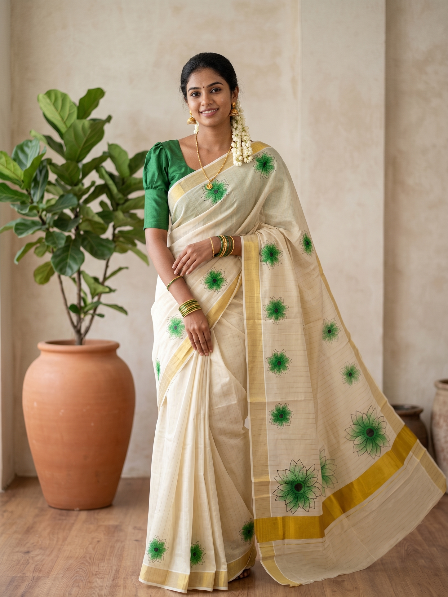 Southloom Kerala Tissue Kasavu Lines Design Saree with Green Floral Prints on Body