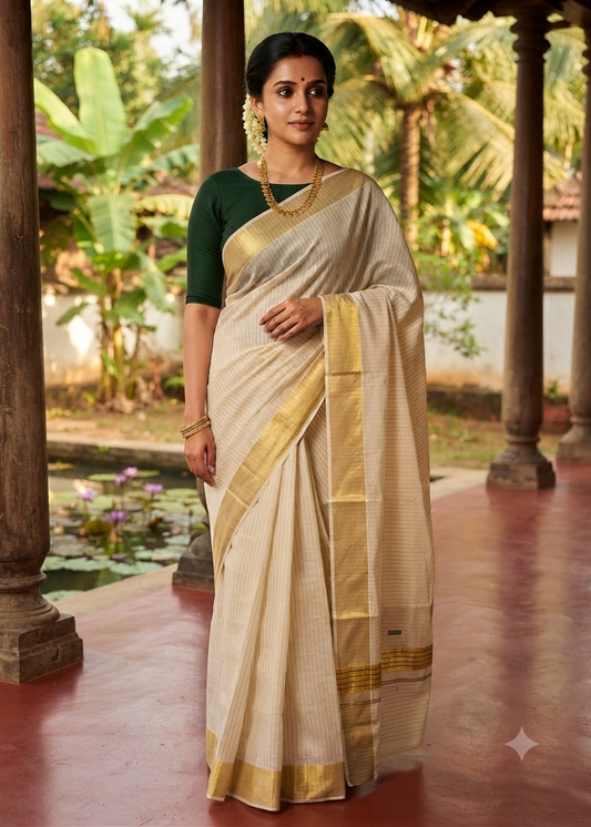 Southloom Kerala Cotton Kasavu Saree With Stripes On The Body(Bottle Green) SL520