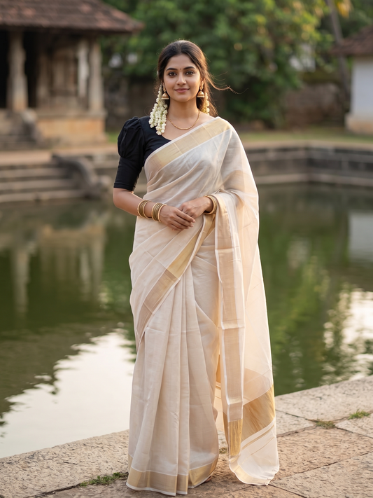Southloom Kerala Tissue Kasavu Plain Saree With 6 Inch Pallu