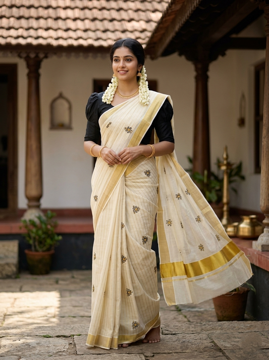 Southloom Tissue Kerala Kasavu Stripes Saree with Floral Embroidery Design in Black SL363