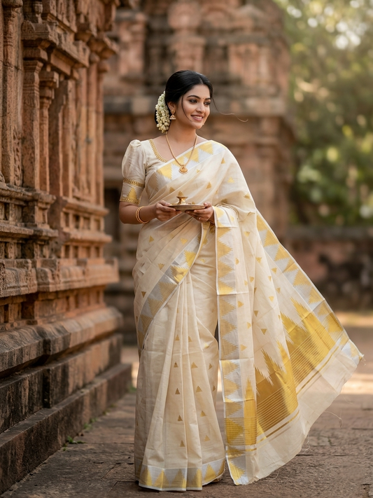 Southloom  Kerala Tissue Kasavu Saree with Temple Woven Work on Body and Border