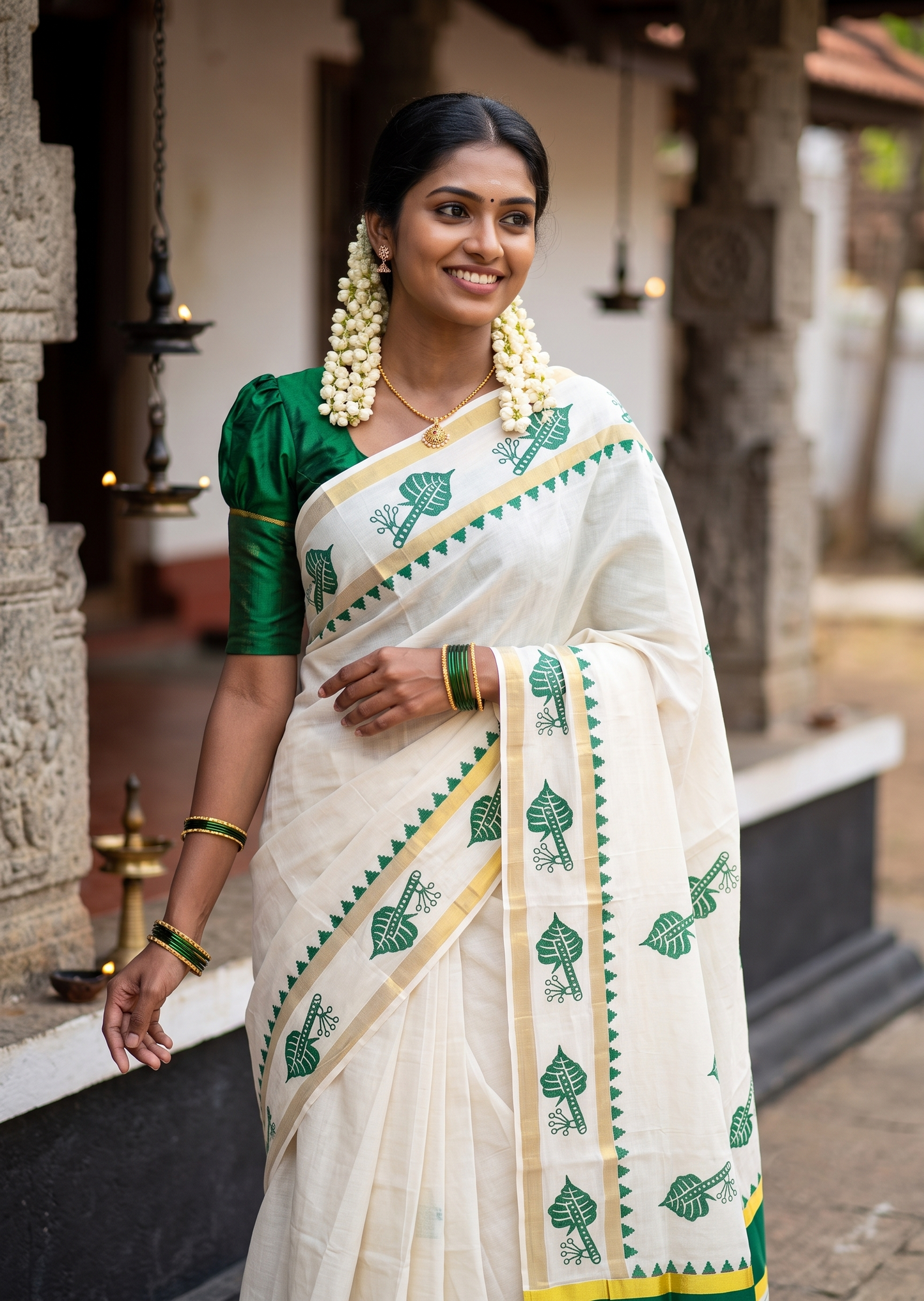 Southloom Cotton Kerala Kasavu Saree with Digital Print on Body with Temple Border in Green SL533