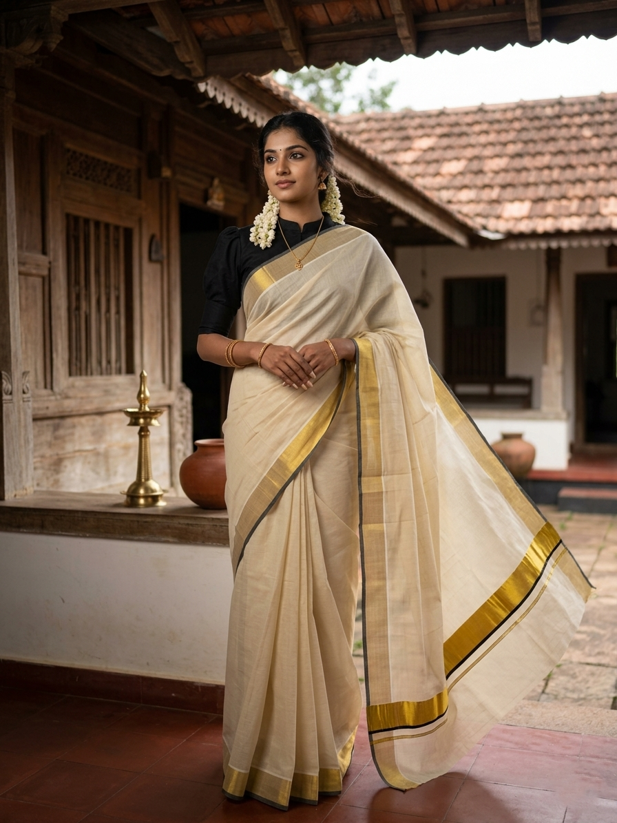 Southloom Kerala Tissue Kasavu Plain Saree With Black Border