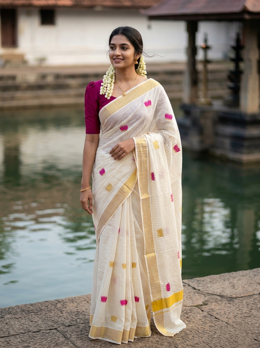 Southloom Kerala Cotton Kasavu Line Saree with Pink Lotus Embroidery Works