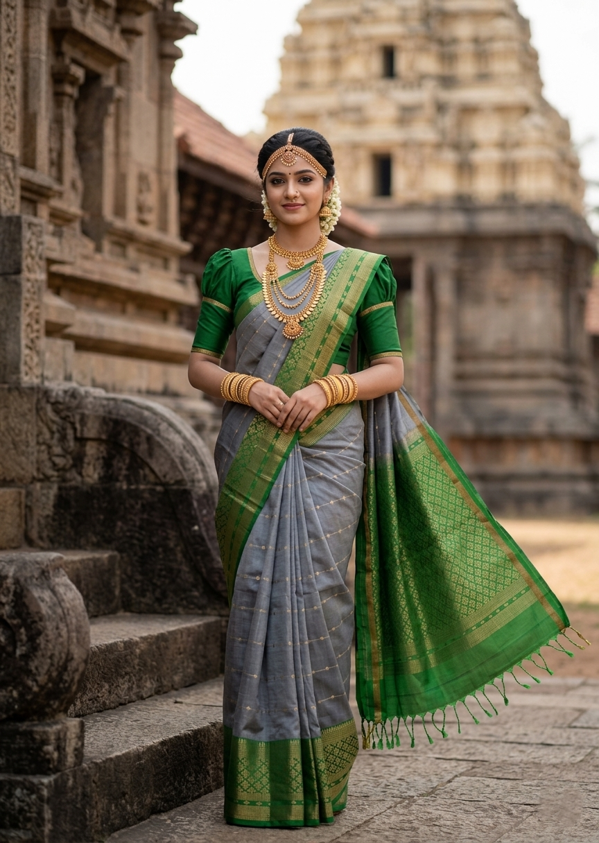 Southloom Pure Handloom Kanchipuram Silk Saree with Korvai Work (Green & Grey)