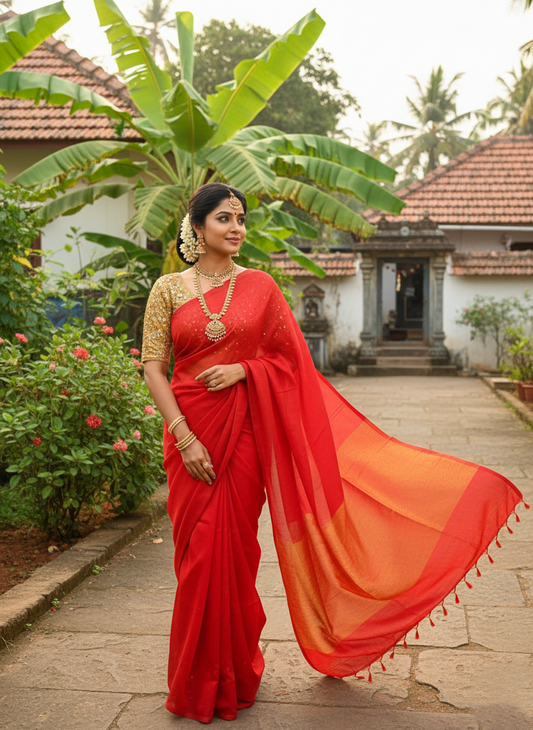 Southloom Mul Cotton 120 x 120 Soft Fabric Saree in Red Colour
