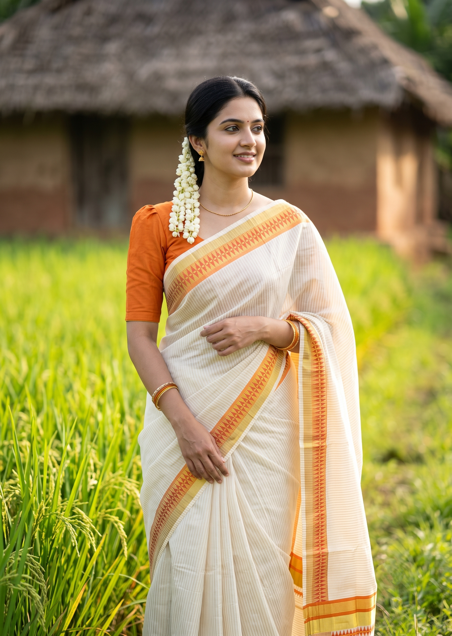 Southloom Kerala Cotton Kasavu Saree with Stripes on Body and Temple Print on Border in Orange SL512