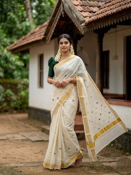 Southloom Kerala Cotton Kasavu Saree with Gold and Green Malayalam Aksharamala Embroidery Work on Body