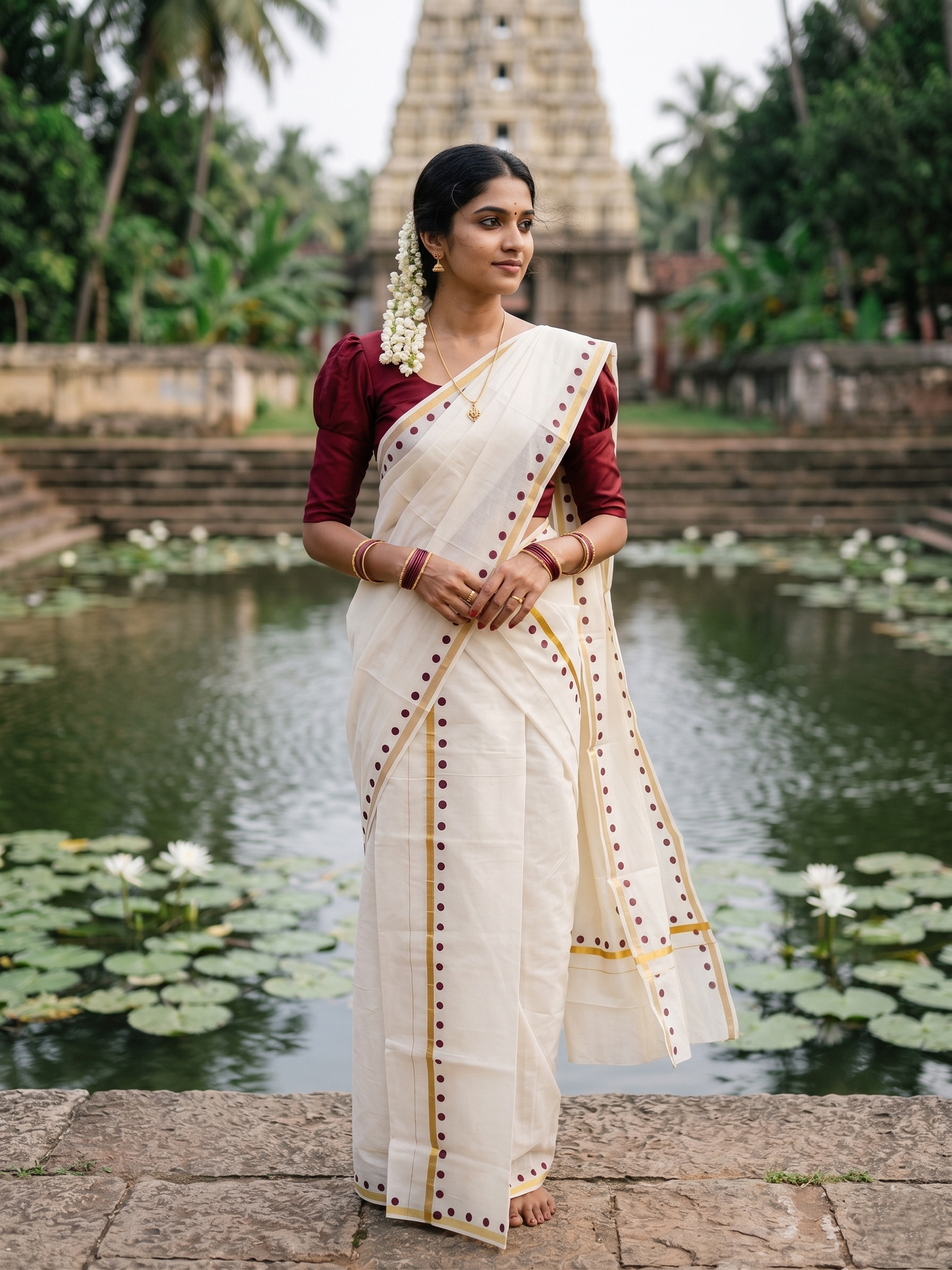 Southloom Pure Cotton Kerala Single Set Mundu (Mundum Neriyathum) with Polka Dots in Maroon 2.80 Mtrs