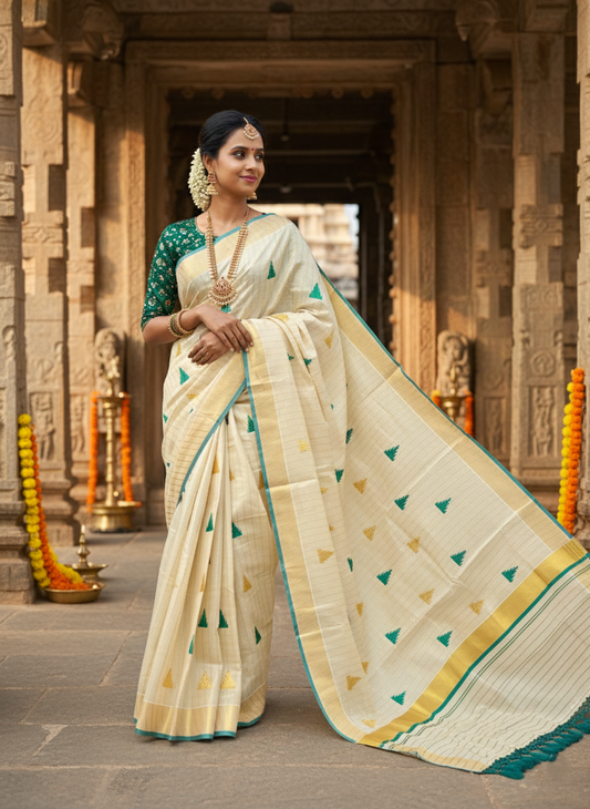 Kerala Tissue Kasavu Stripes Saree with Peacock Green and Gold Temple Embroidery Design on Body
