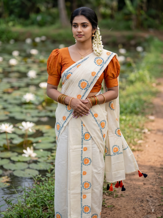 Southloom Kerala Cotton Single Set Mundu (Mundum Neriyathum) with Blue & Orange Lotus Block Printed Design