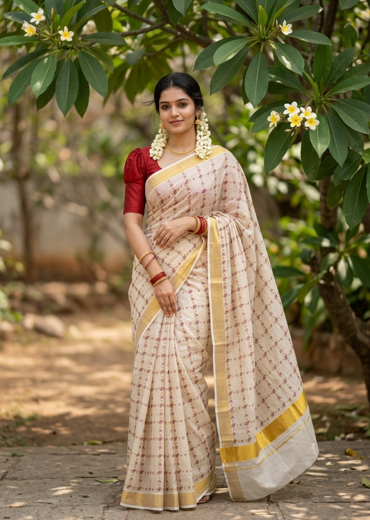 Southloom Tissue Kerala Kasavu Saree with Floral  Printed Designs on Body in Border