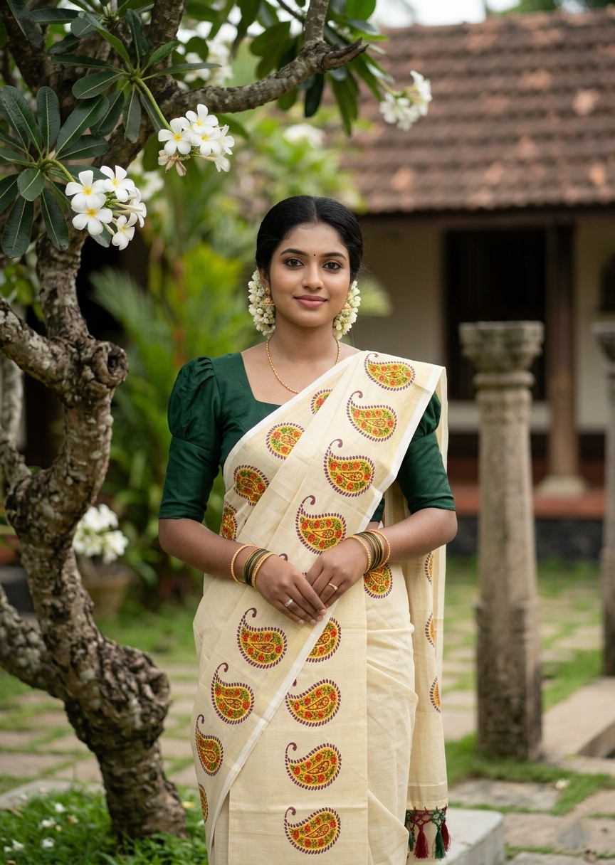 Southloom Tissue Single Set Mundu (Mundu Neriyathum) With Digital Floral Print in Maroon and Green 2.80 Mtrs SL397