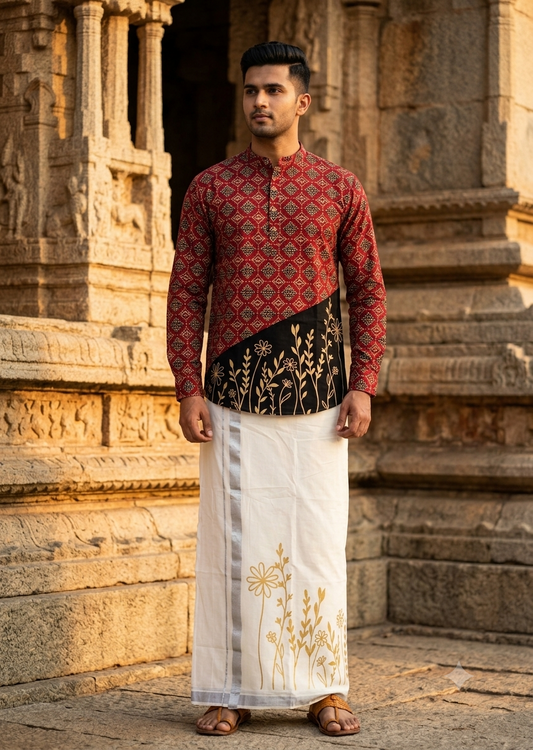 Southloom Cotton Ajrakh Printed Maroon Men's Combo (Shirt + Mundu) SLCOMBO SL579