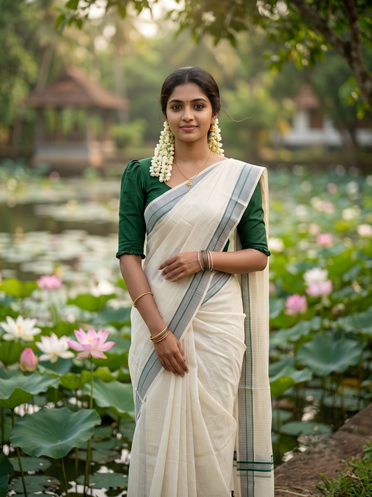 Southloom Pure Cotton Kerala Silver Kasavu Lines Saree with  Green and Silver Border