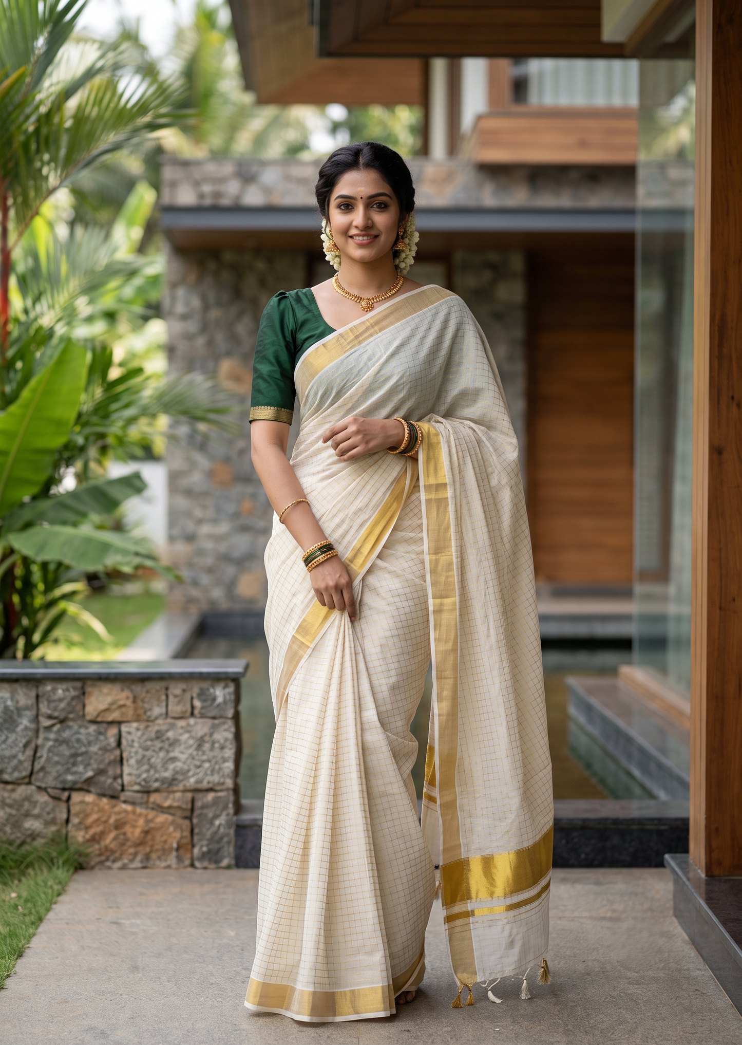 Southloom Super Premium Balaramapuram Handloom Cotton Check Saree with  Gold Kasavu on Border In 1/2 Inch