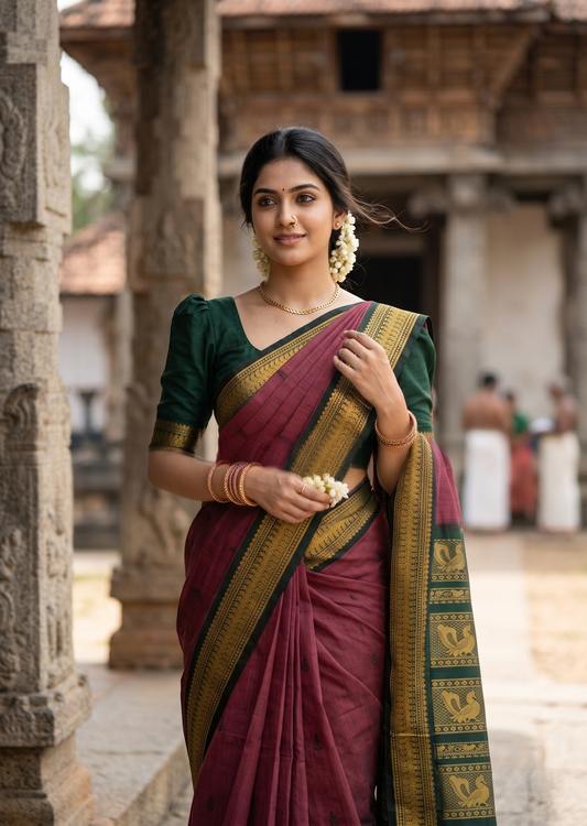 Southloom Kalyani Cotton Saree In Onion Pink And Green With Woven Work on the Body and Borders