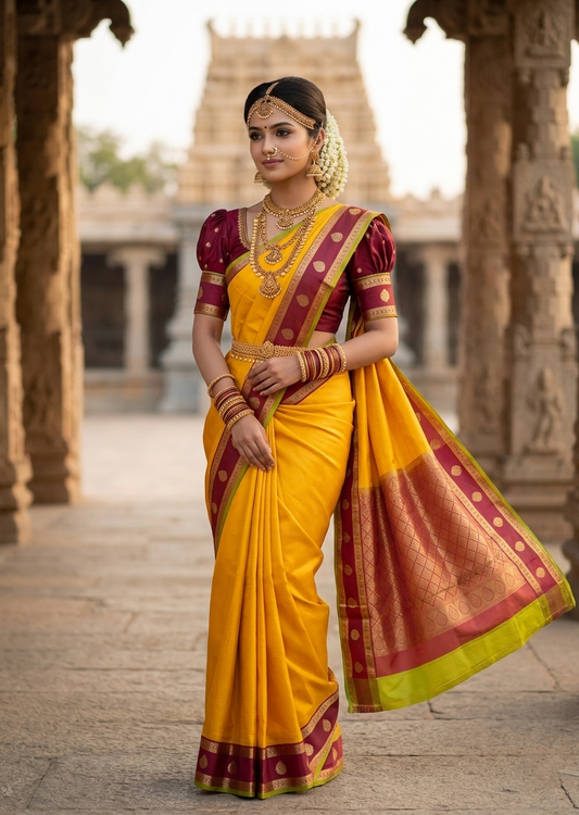 Southloom Premium Bridal Handloom Kanchipuram Silk Saree With Korvai Works (Yellow & Maroon)