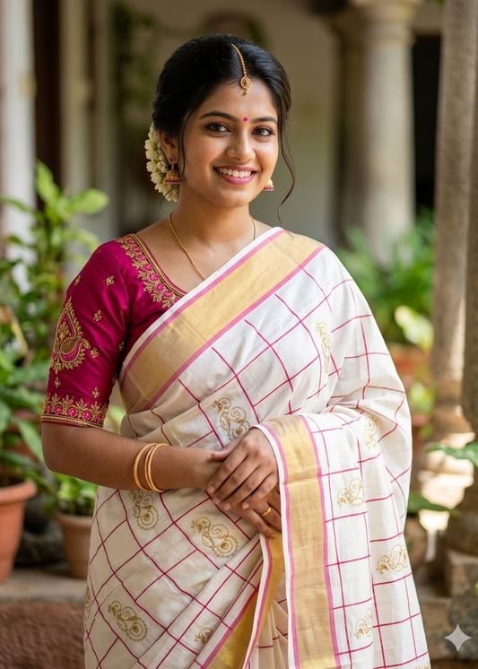 Kerala Cotton Pink Saree with Embroidery Work SL197