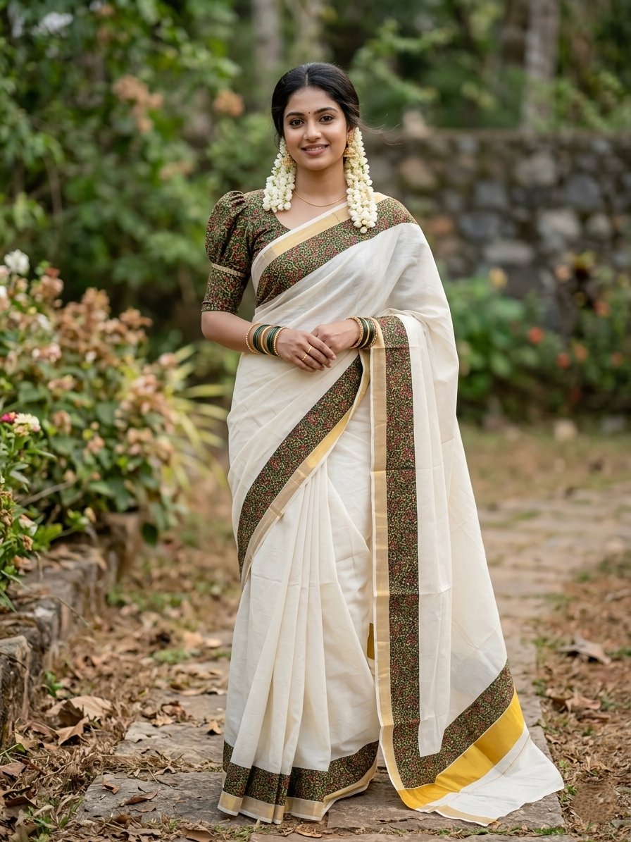 Southloom Cotton Kerala  Saree with Ajrakh Printed