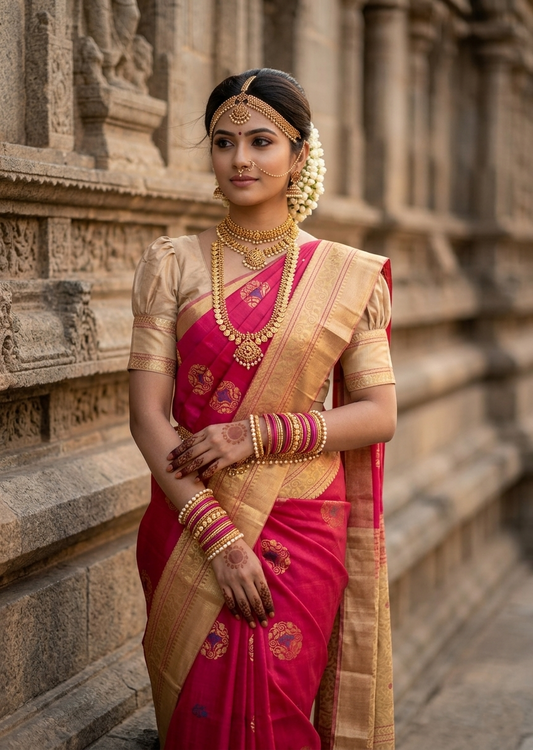 Southloom Pure Handloom Kanchipuram Silk Saree with Butta Work (Beige & Peach)